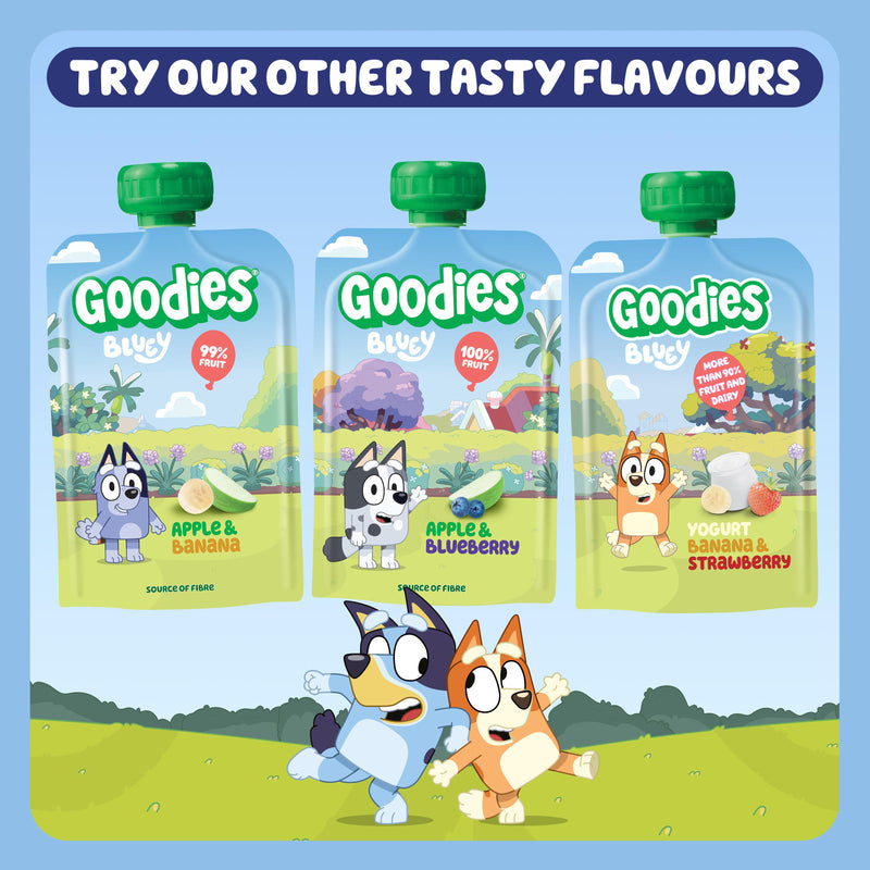 Goodies fruit pouches banana strawberry apple 4x100g, imported from the UK