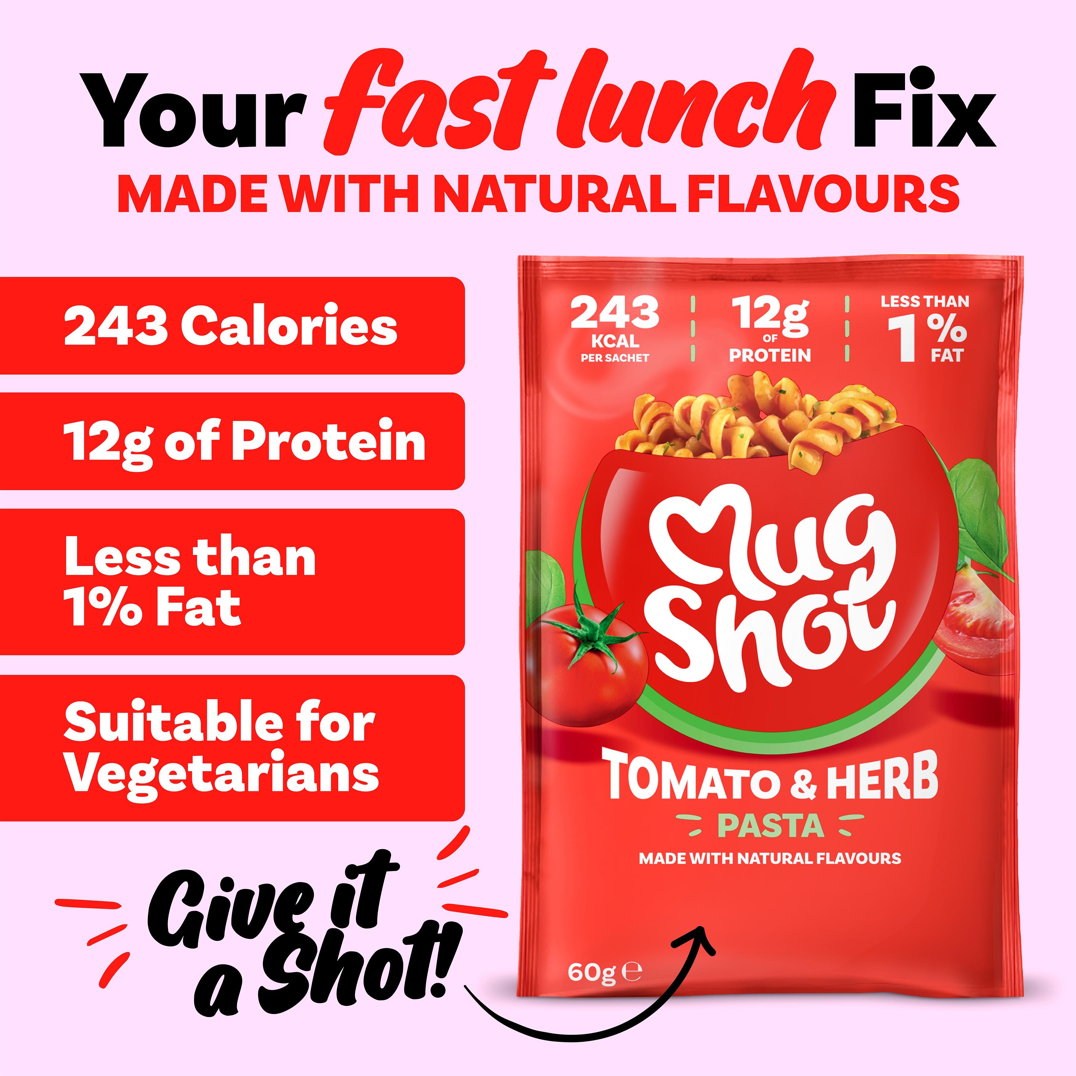 Mug Shot instant pasta tomato and herb 64g, imported from the UK