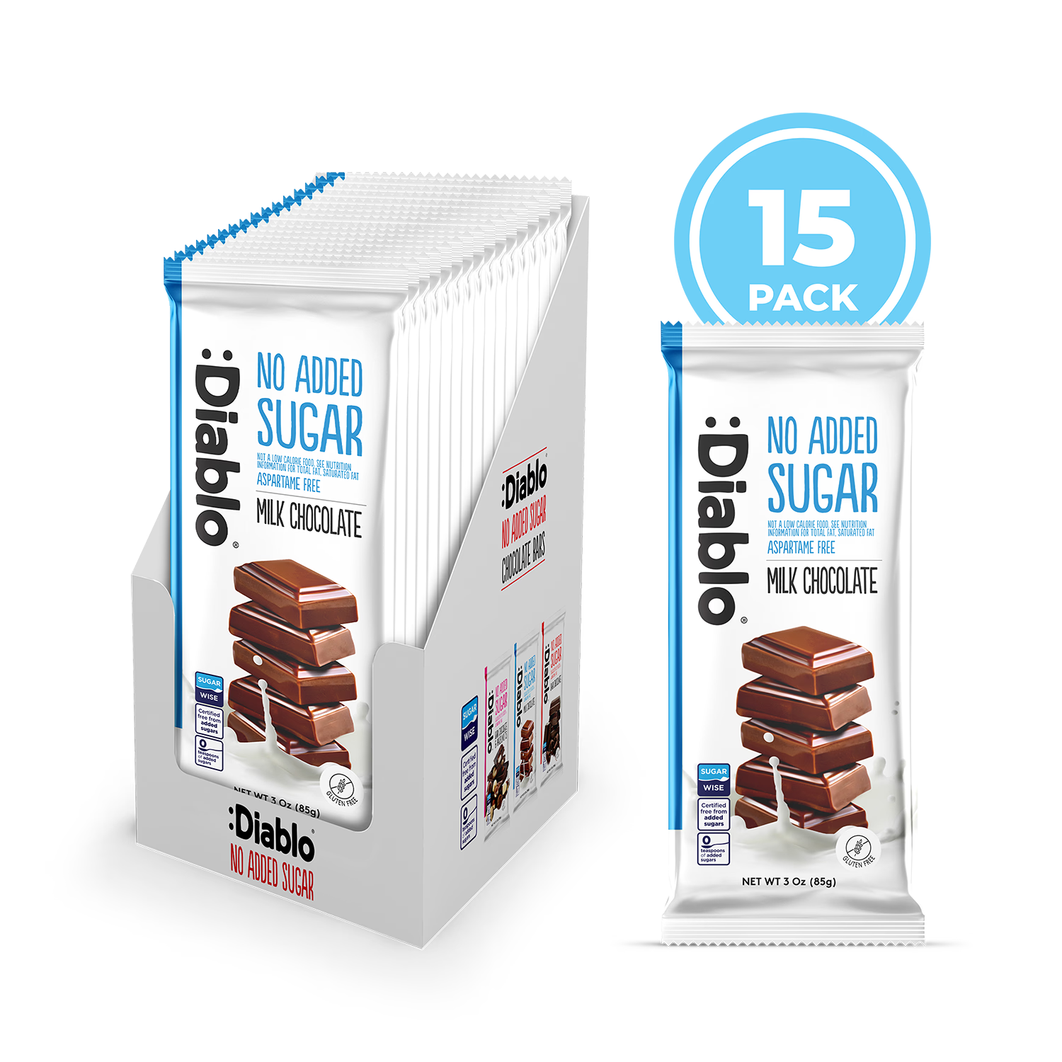 Diablo no added sugar milk chocolate bar 85g pack of 15 (British brand)