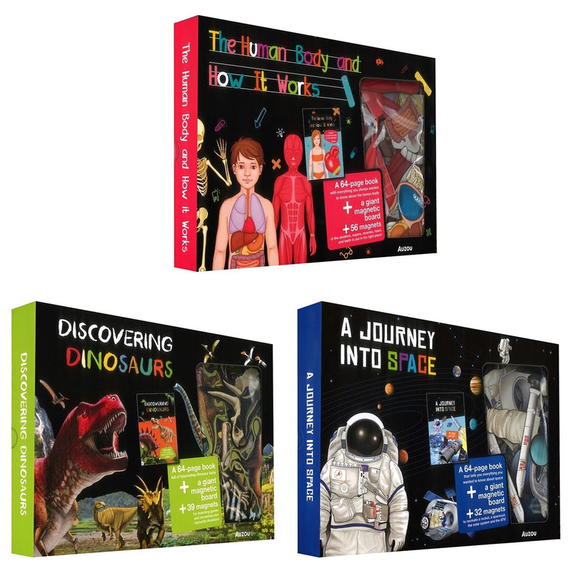 Magnetic box set for children featuring human body, dinosaurs, space, UK version