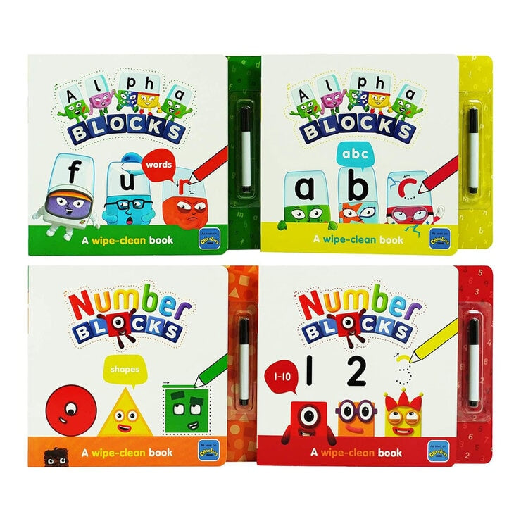 Alphablocks Numberblocks wipe-clean books set, imported from the UK