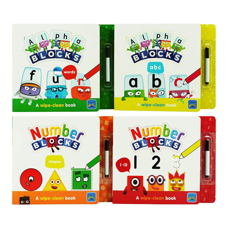 Alphablocks Numberblocks wipe-clean books set, imported from the UK