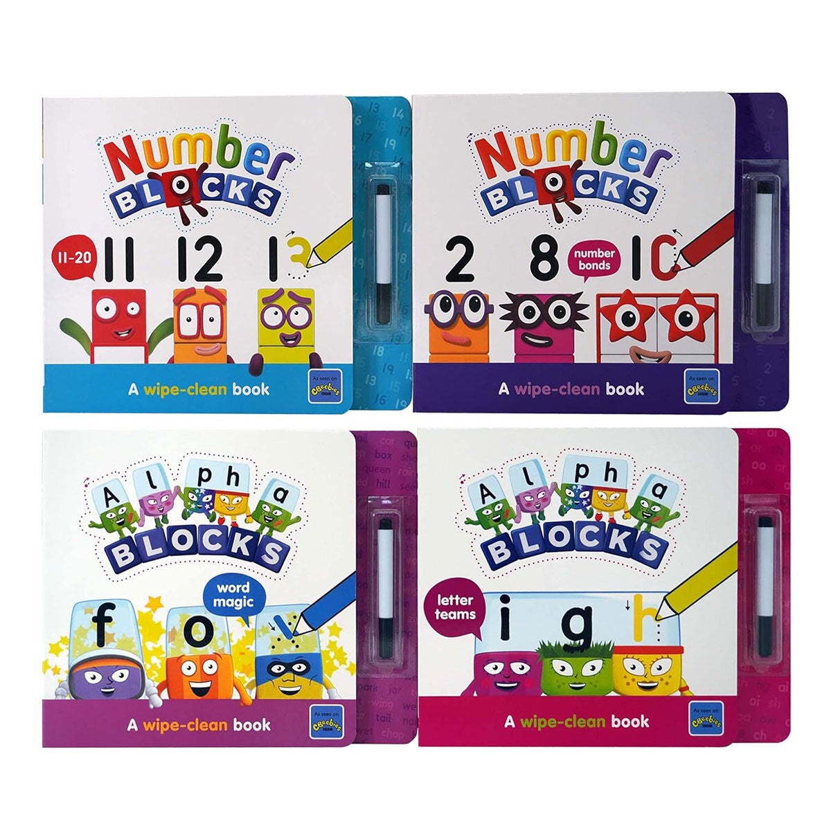 Numberblocks Alphablocks wipe-clean books two options, UK version