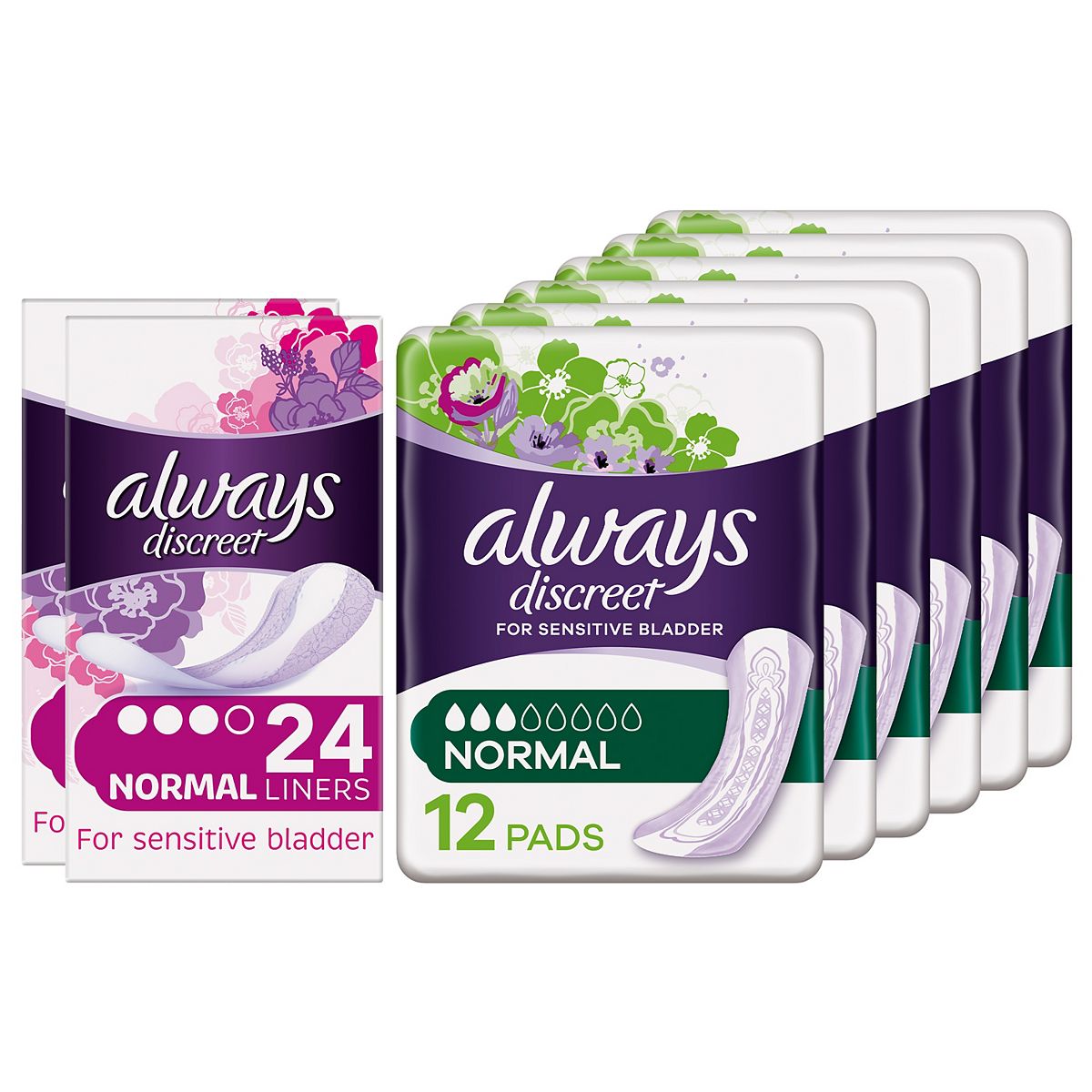 Always Discreet Incontinence Bundle 72 Normal PADS + 48 Normal LINERS GOODS Boots   