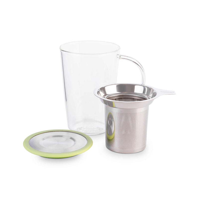 Glass tea infuser mug with pistachio lid, 400ml, UK version