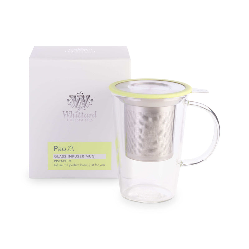 Glass tea infuser mug with pistachio lid, 400ml, UK version