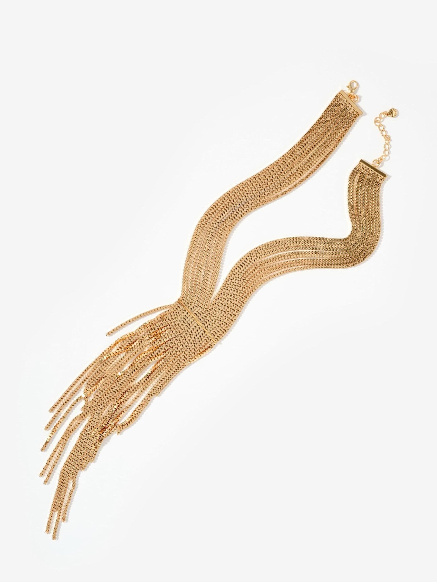 Mint Velvet gold statement fringe drop necklace, UK version