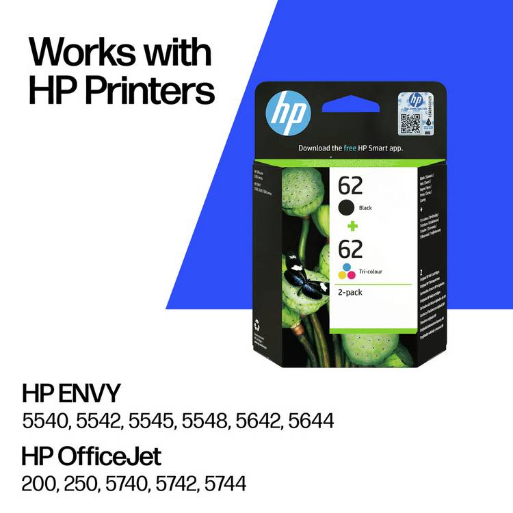 HP 62 ink cartridges black and colour for HP printers (British brand)