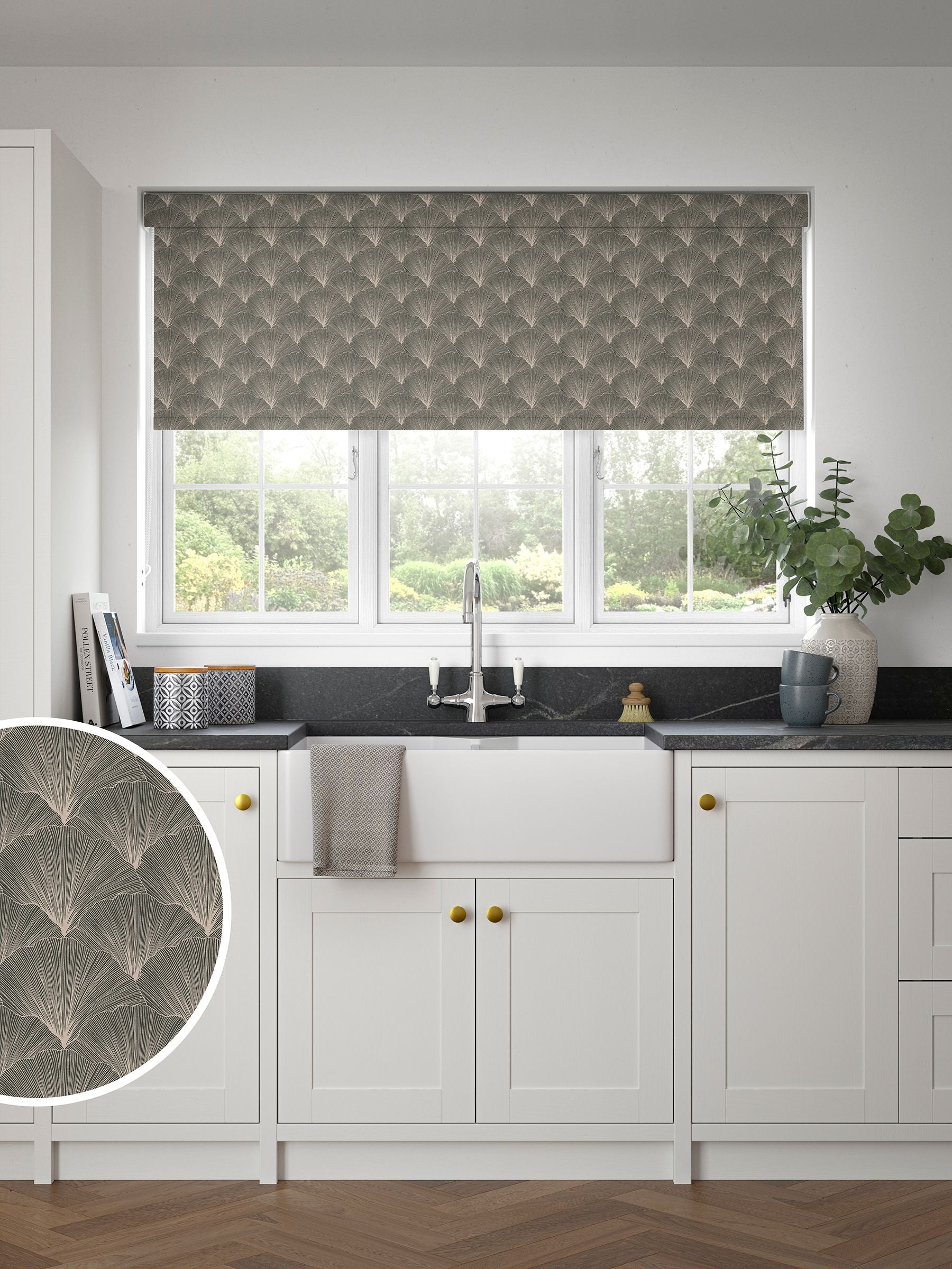 Next Ebony Kilim blackout roller blind with leaf motif, UK version