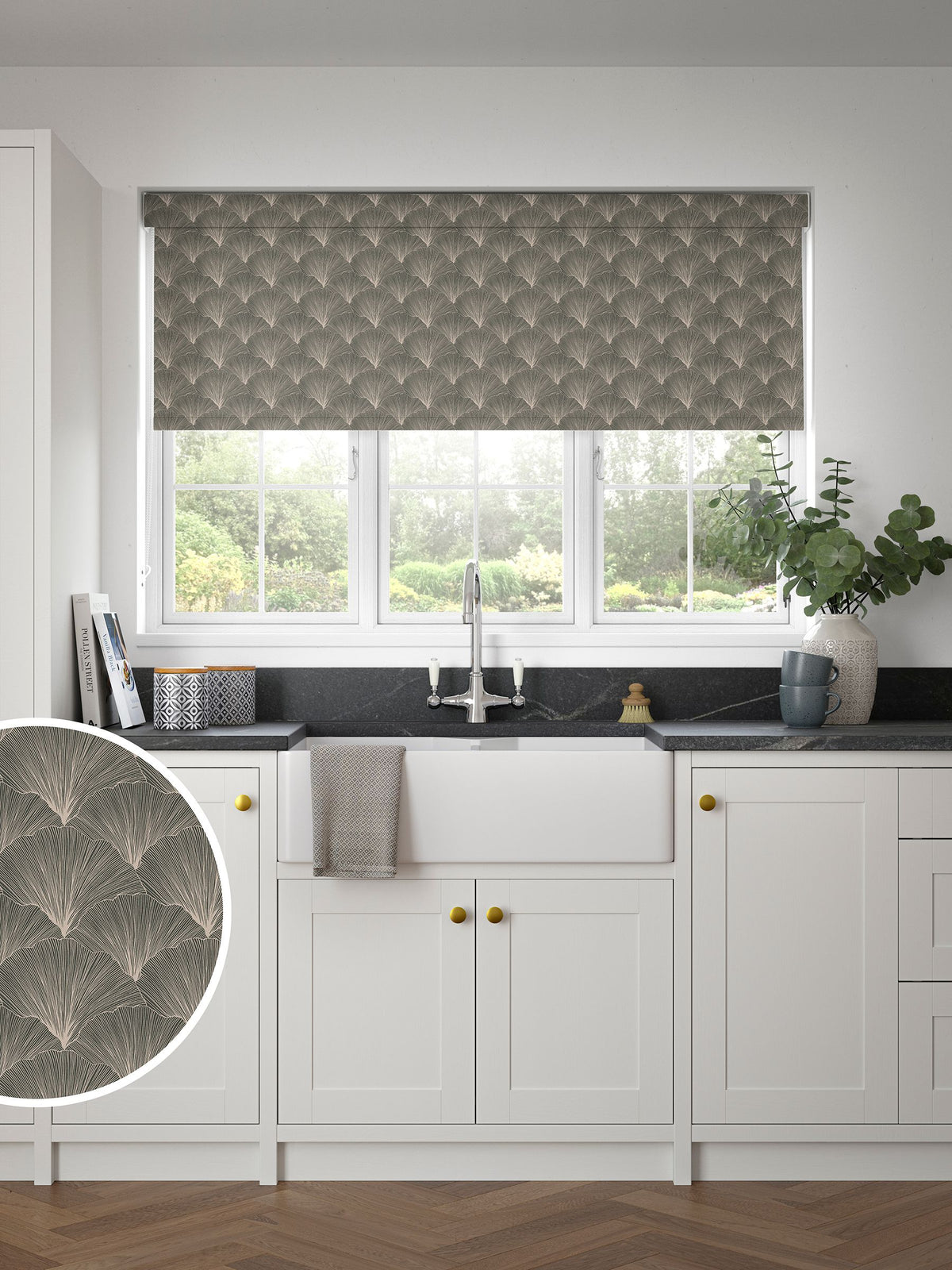 Next Ebony Kilim blackout roller blind with leaf motif, UK version