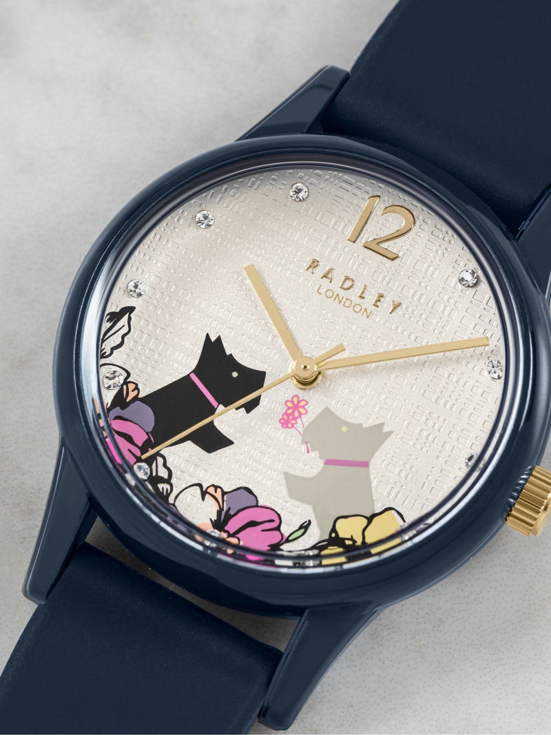 Radley Navy silicone strap floral dog dial watch, imported from the UK