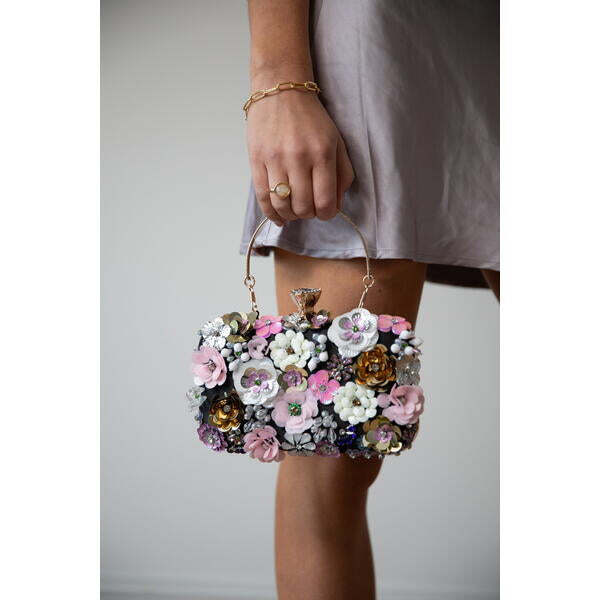 SVNX black floral applique clutch bag with beaded flowers (British brand)