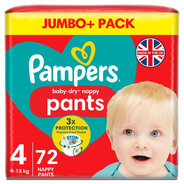 Pampers Baby-Dry Nappy Pants Size 4 (9-15kg) Jumbo+ Pack   72 per pack