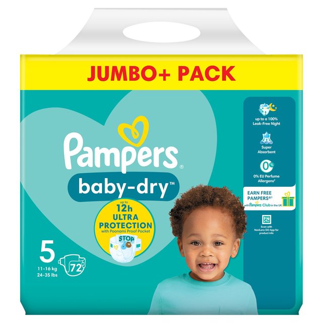 Pampers Baby-Dry Nappies Size 5 (11-16kg) Jumbo+ Pack   72 per pack GOODS M&S   