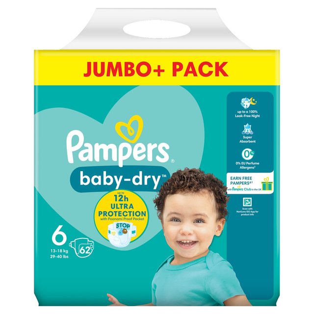 Pampers Baby-Dry Nappies Size 6 (13-18kg) Jumbo+ Pack   62 per pack GOODS M&S   