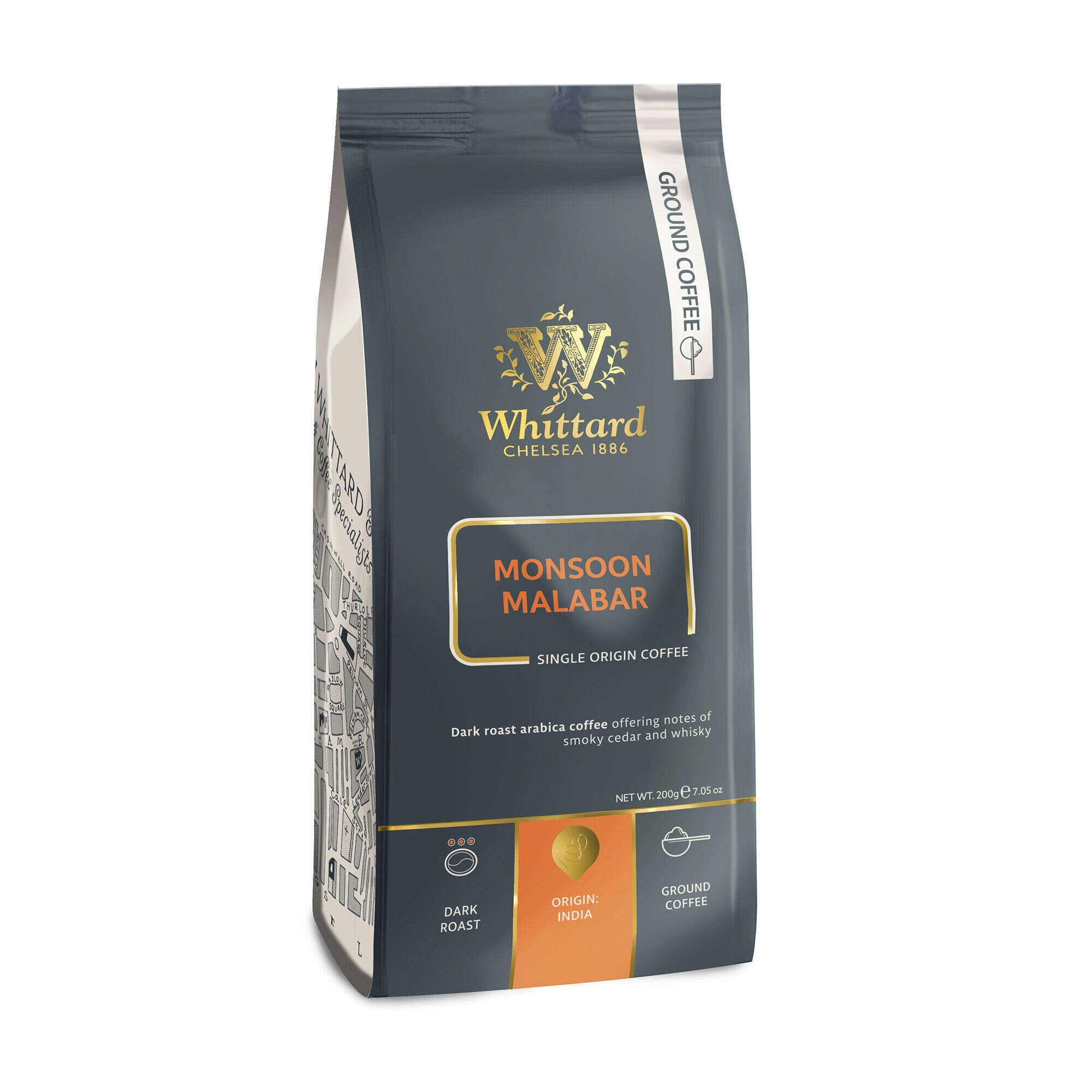 Whittard Monsoon Malabar ground coffee 200g, imported from the UK