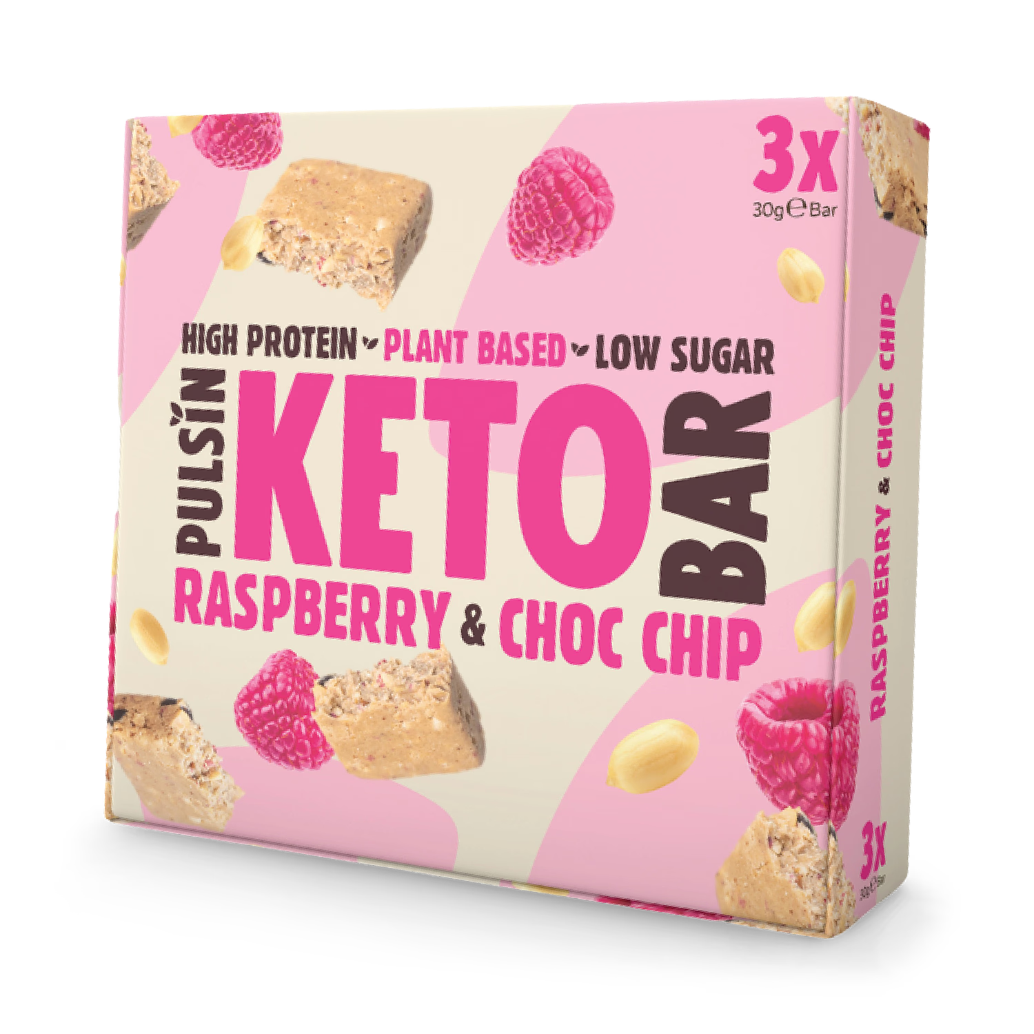 Pulsin keto bar raspberry & choc chip 3x30g, imported from the UK