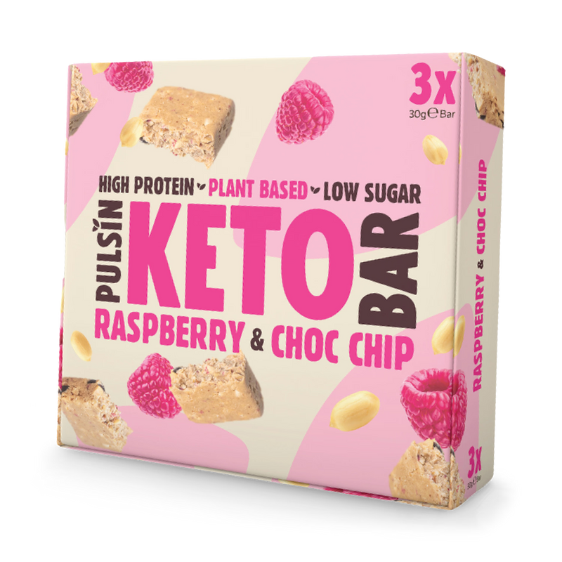 Pulsin keto bar raspberry & choc chip 3x30g, imported from the UK