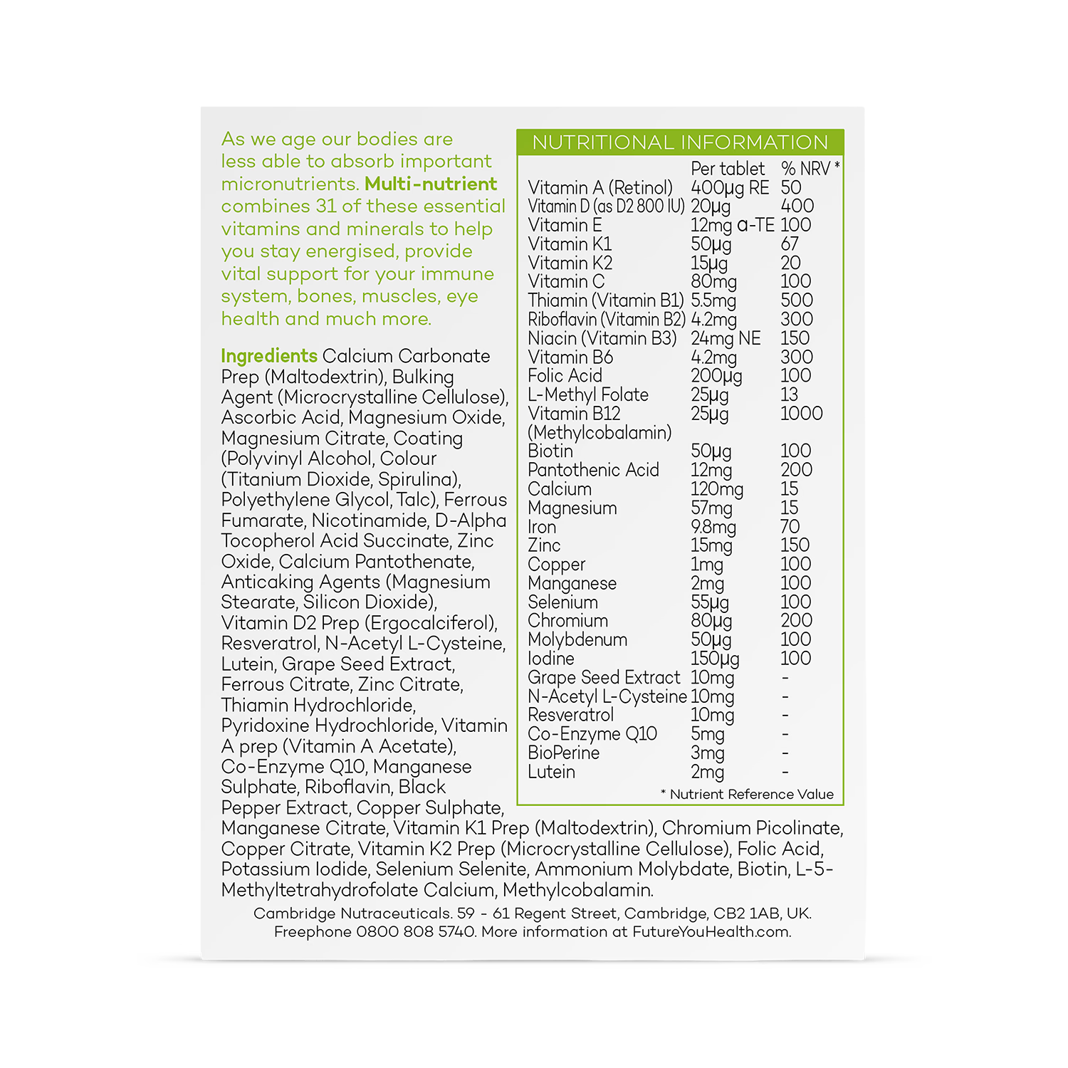 Multi-nutrient supplement for 50+, imported from the UK