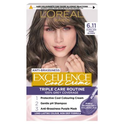 L'Oreal Excellence Excellence Cool Crème 6.11 Ultra Ash Dark Brown: 100% Grey, No Brass, rich dark tone.
