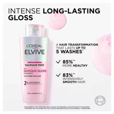 L'Oreal Paris Elvive Glycolic Gloss Sulphate Free Shampoo for Dull Hair 200ml, UK version