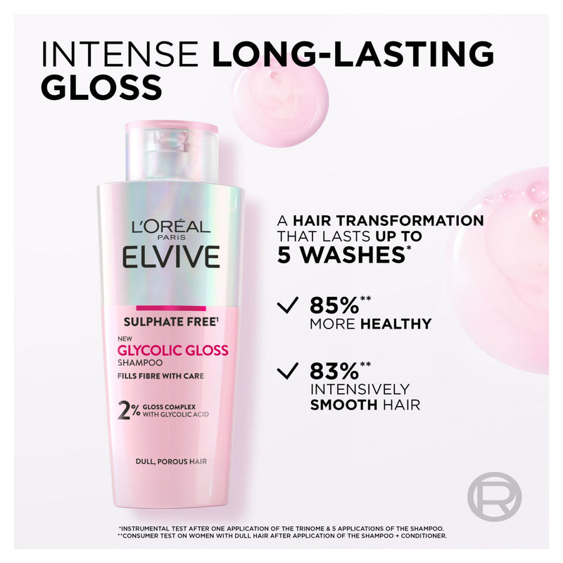 L'Oreal Paris Elvive Glycolic Gloss Sulphate Free Shampoo for Dull Hair 200ml, UK version