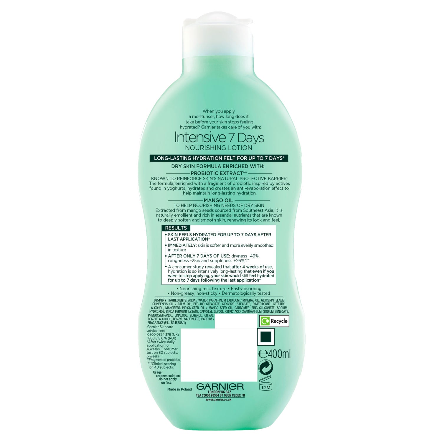 Garnier mango oil and probiotic extract body lotion 400ml, UK version