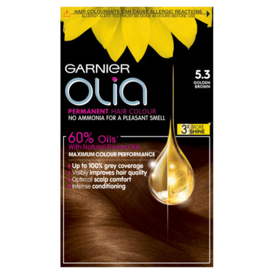 Garnier Olia Olia 5.3 Golden Brown: 100% Grey Coverage, No Ammonia, for a radiant golden hue.
