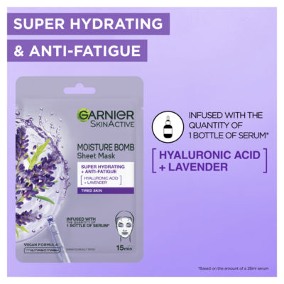 Garnier Moisture Bomb Lavender and Hyaluronic Acid sheet mask 28g, UK version