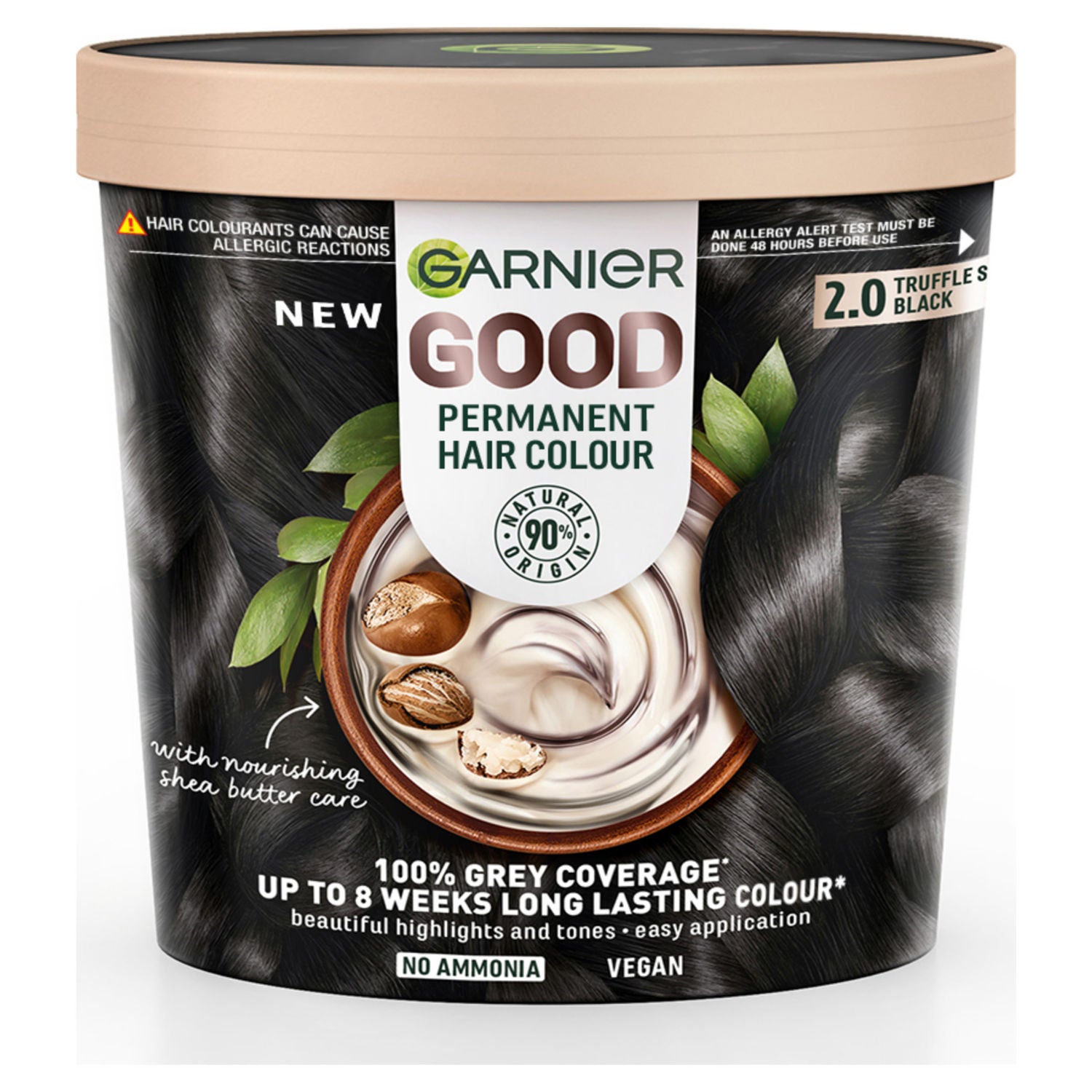 Garnier GOOD Permanent Hair Dye (Shade: 2.0 Truffle Soft Black) for vibrant, lasting colour.