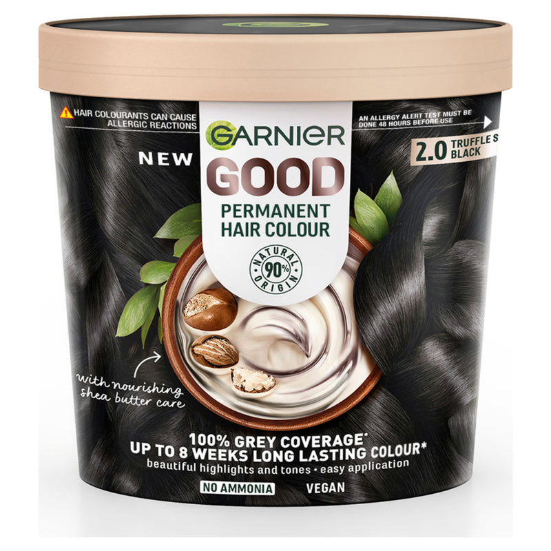 Garnier GOOD Permanent Hair Dye (Shade: 2.0 Truffle Soft Black) for vibrant, lasting colour.