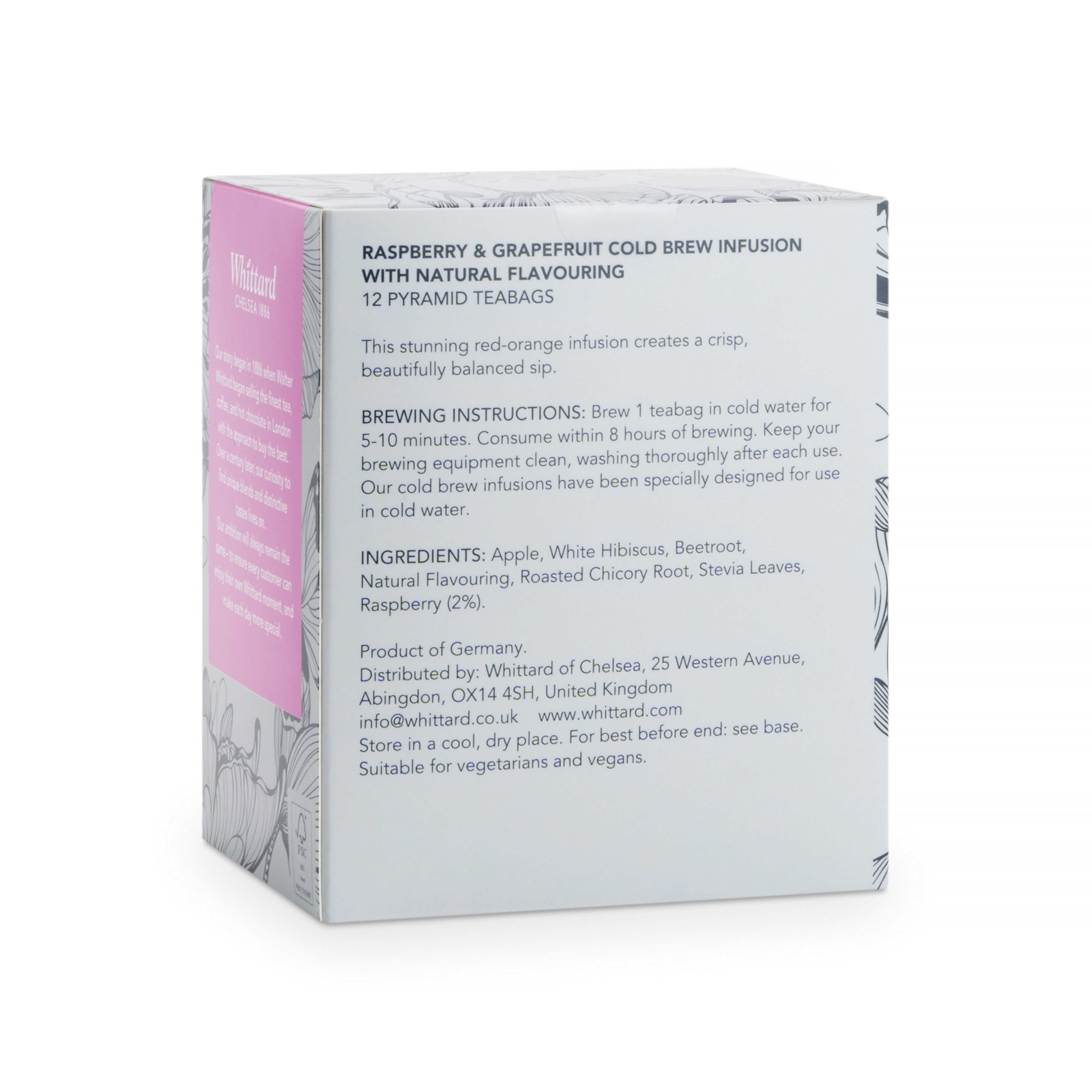 Whittard cold brew raspberry and grapefruit infusion 12 pyramid teabags (British brand)