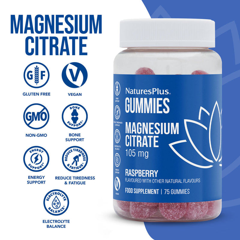 NaturesPlus Magnesium Citrate Gummies Raspberry 75 gummies, imported from the UK