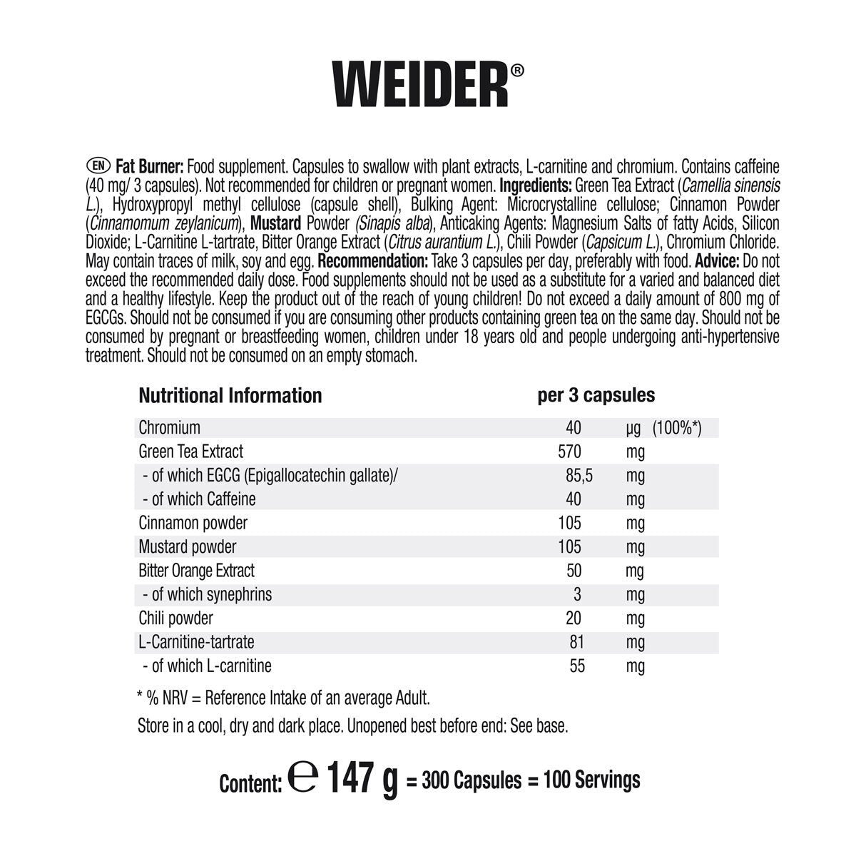 Weider Fat Burner 300 capsules, imported from the UK
