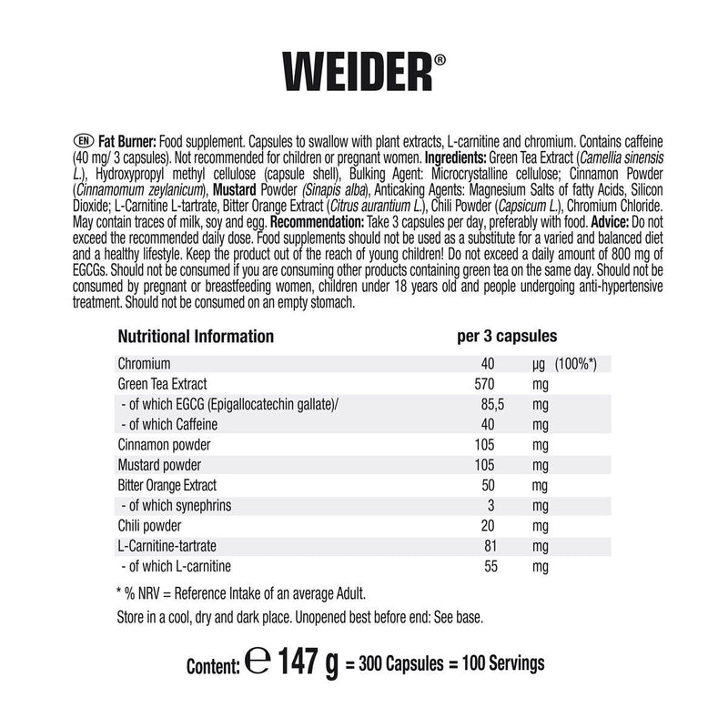 Weider Fat Burner 300 capsules, imported from the UK