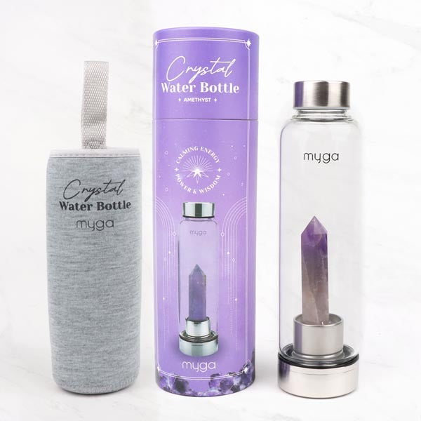 Myga amethyst crystal glass water bottle, imported from the UK