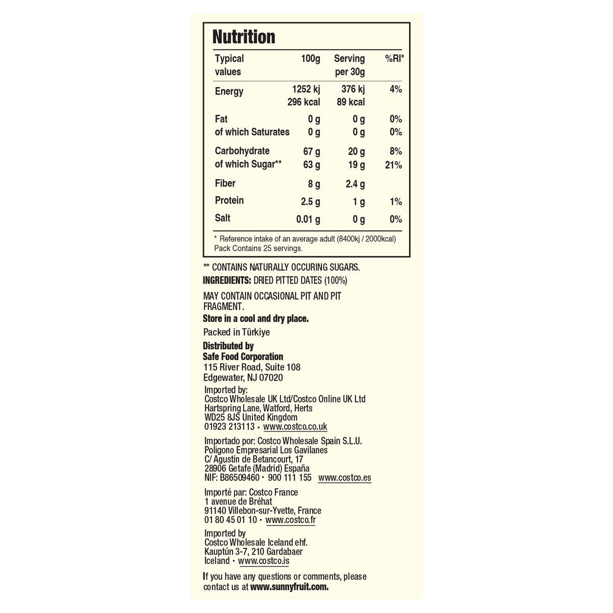 Dattes dénoyautées Sunny Fruit 1 kg (marque britannique)