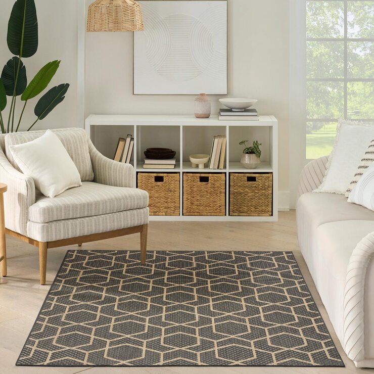 Nourison Horizon geometric charcoal rug 183x274cm, imported from the UK