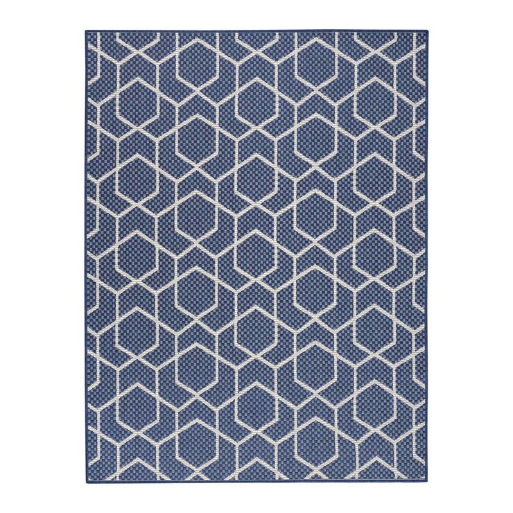 Nourison Horizon geometric navy outdoor rug, imported from the UK