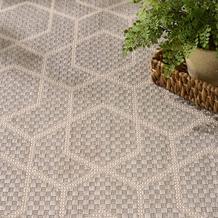 Nourison Horizon geometric grey indoor outdoor rug, imported from the UK