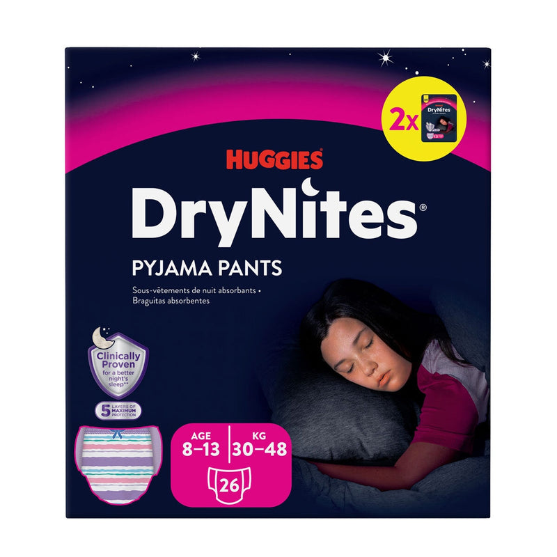 Huggies DryNites pyjama pants girls 8-13 26 pack - British product
