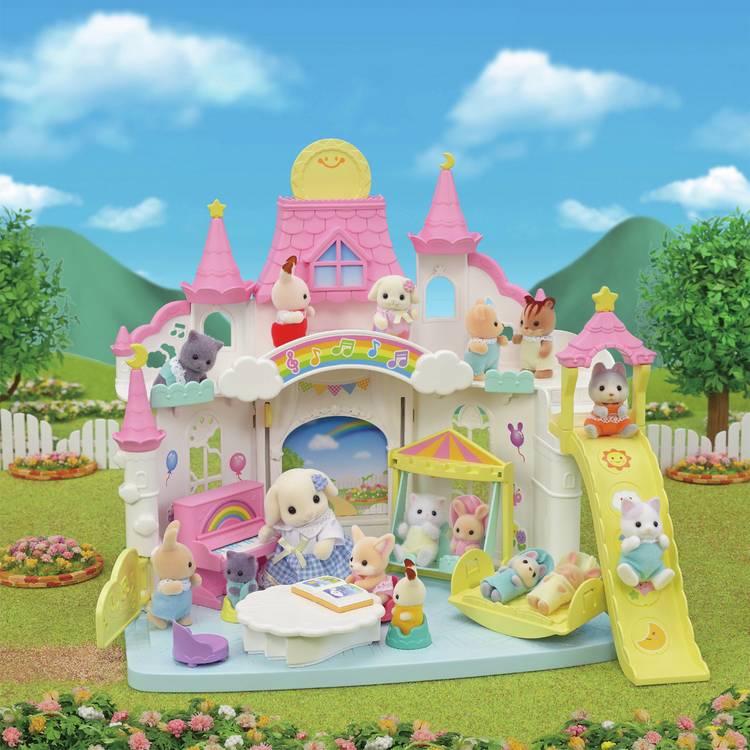 Sylvanian Families Sunny Castle Nursery Set with Flora Rabbit Baby (British brand)
