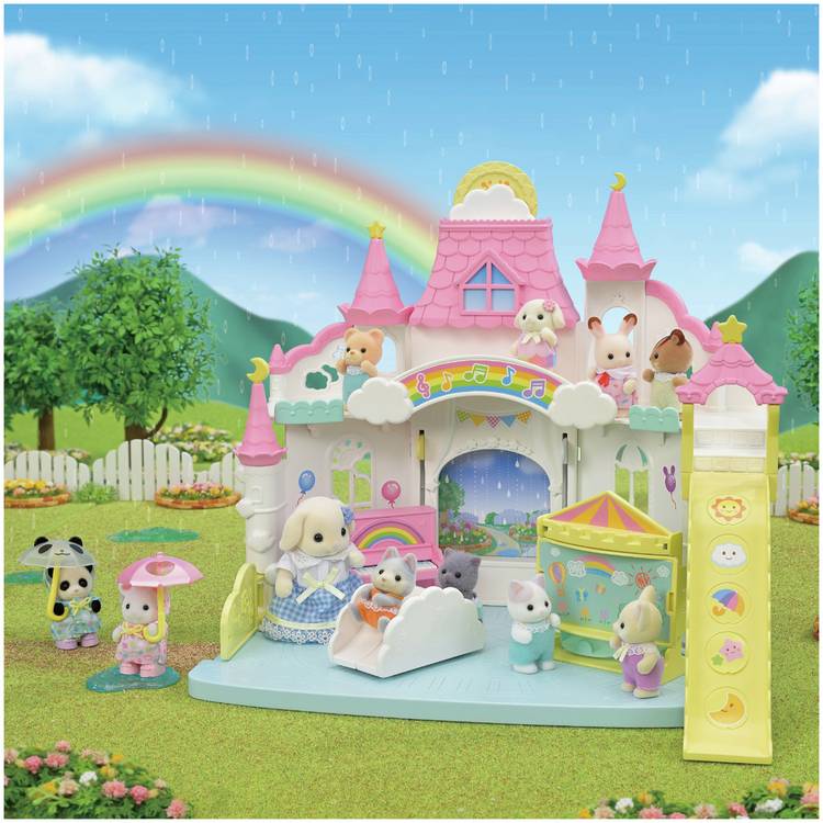 Sylvanian Families Sunny Castle Nursery Set with Flora Rabbit Baby (British brand)