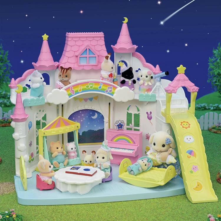 Sylvanian Families Sunny Castle Nursery Set with Flora Rabbit Baby (British brand)