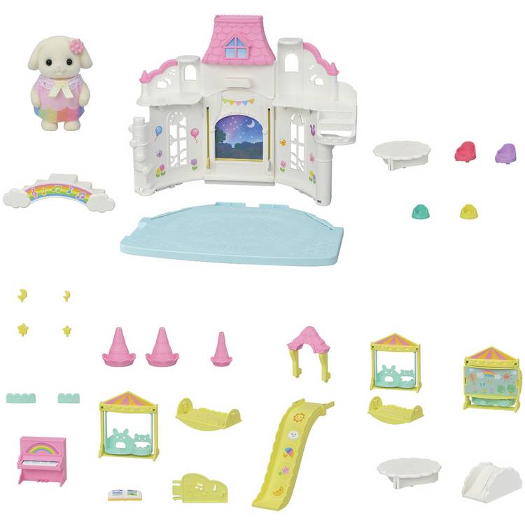 Sylvanian Families Sunny Castle Nursery Set with Flora Rabbit Baby (British brand)