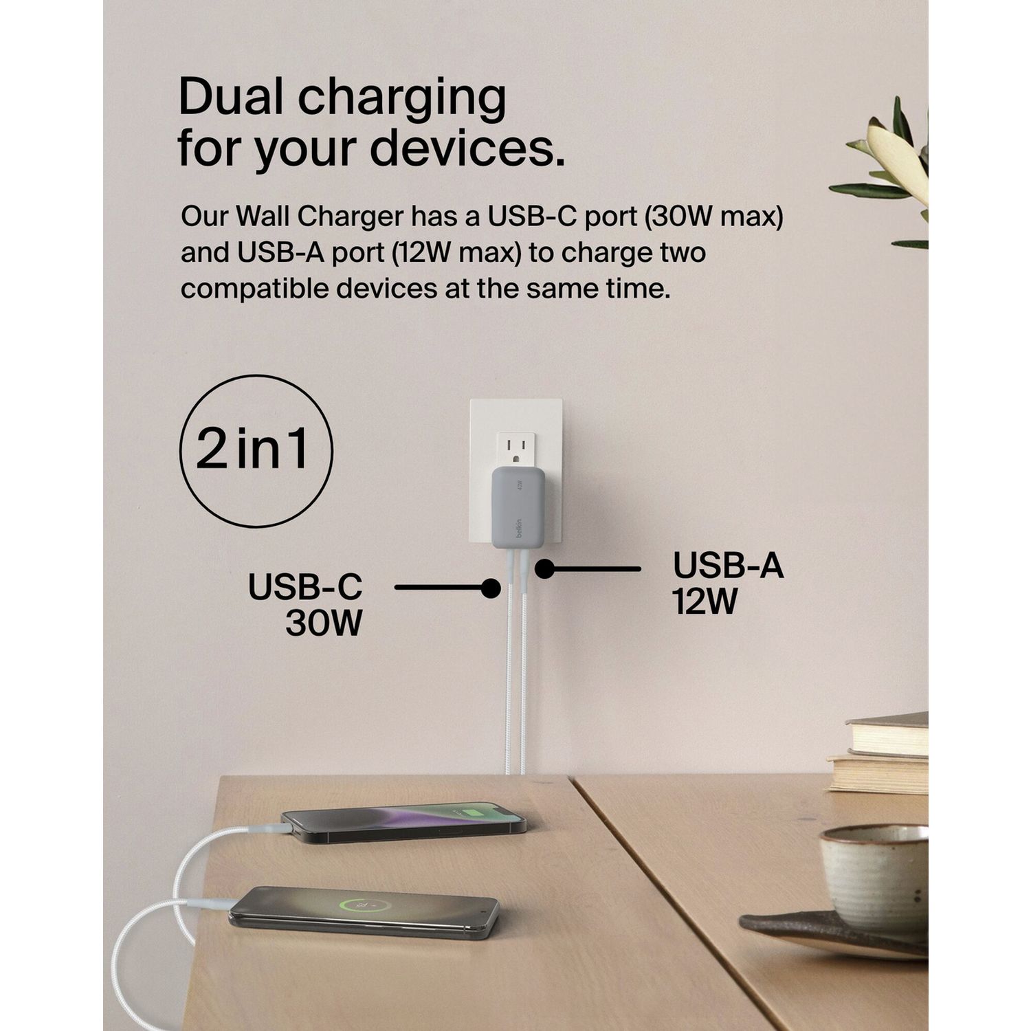 Belkin dual port USB C and USB-A charger 42W - British product