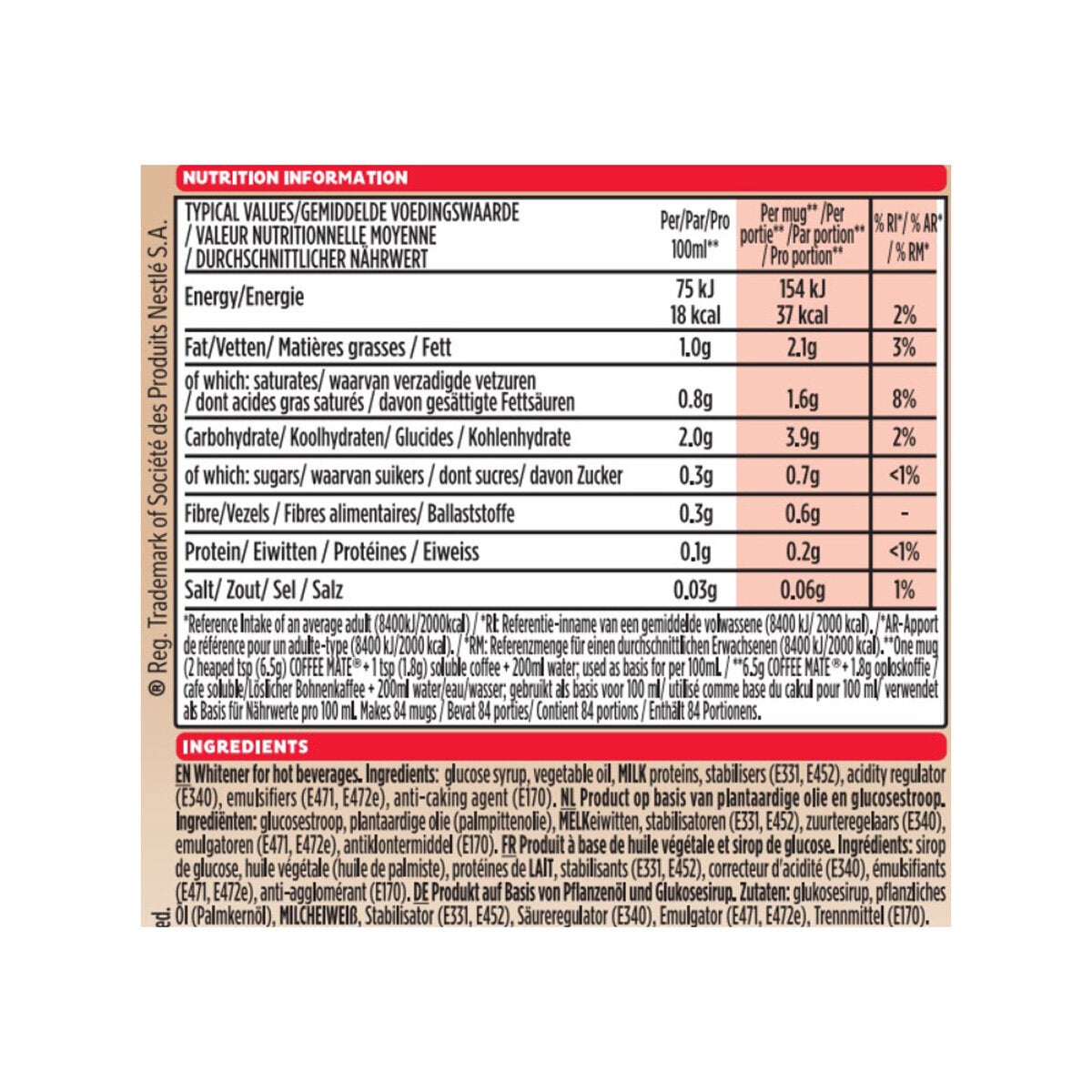 Nestle Coffee Mate Original coffee whitener 2 x 550g, imported from the UK