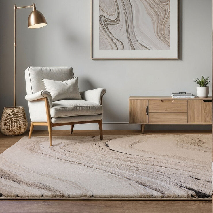 Asiatic Mirage quartz beige rug in two sizes, UK version