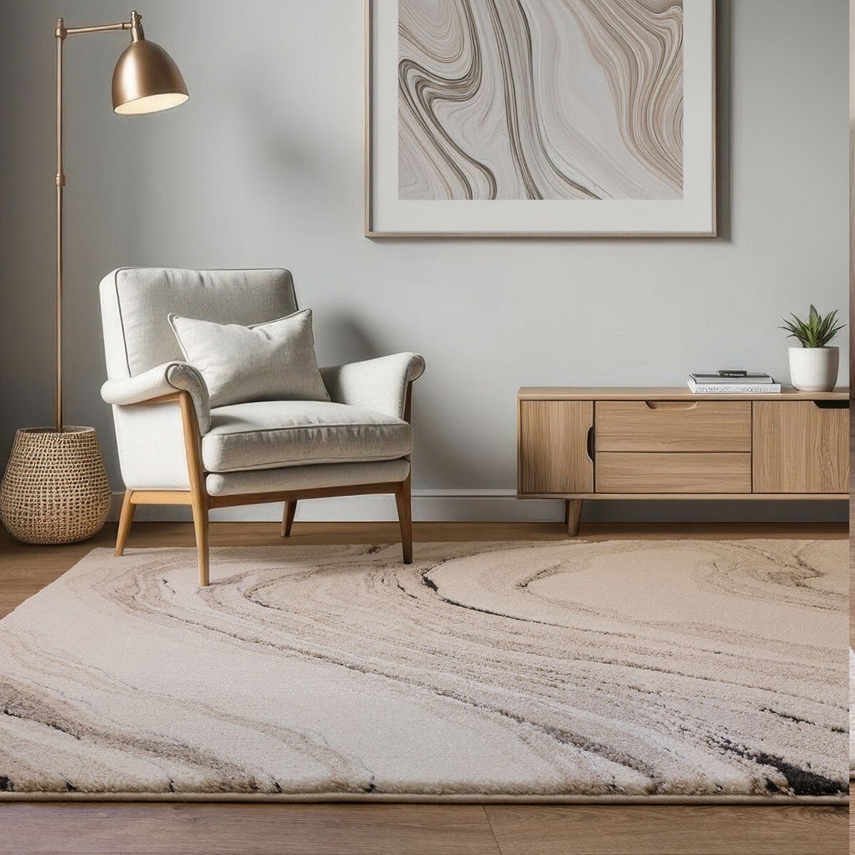 Asiatic Mirage quartz beige rug in two sizes, UK version