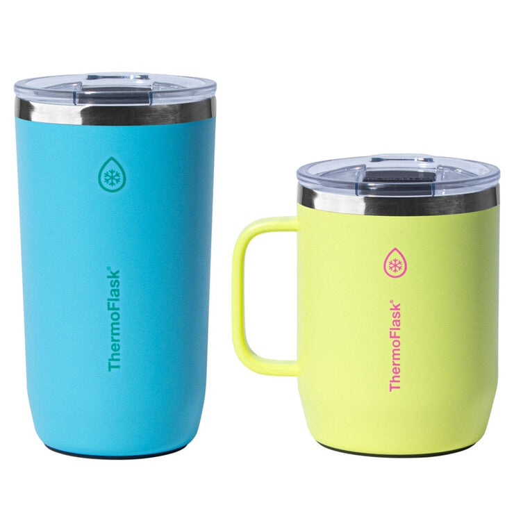 ThermoFlask insulated mug set, blue & yellow, imported from the UK